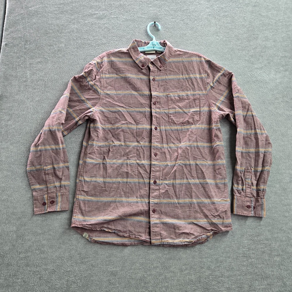 VANS Men Button Up Shirt Large Red Striped Pocket Long Sleeve Collar Cotton